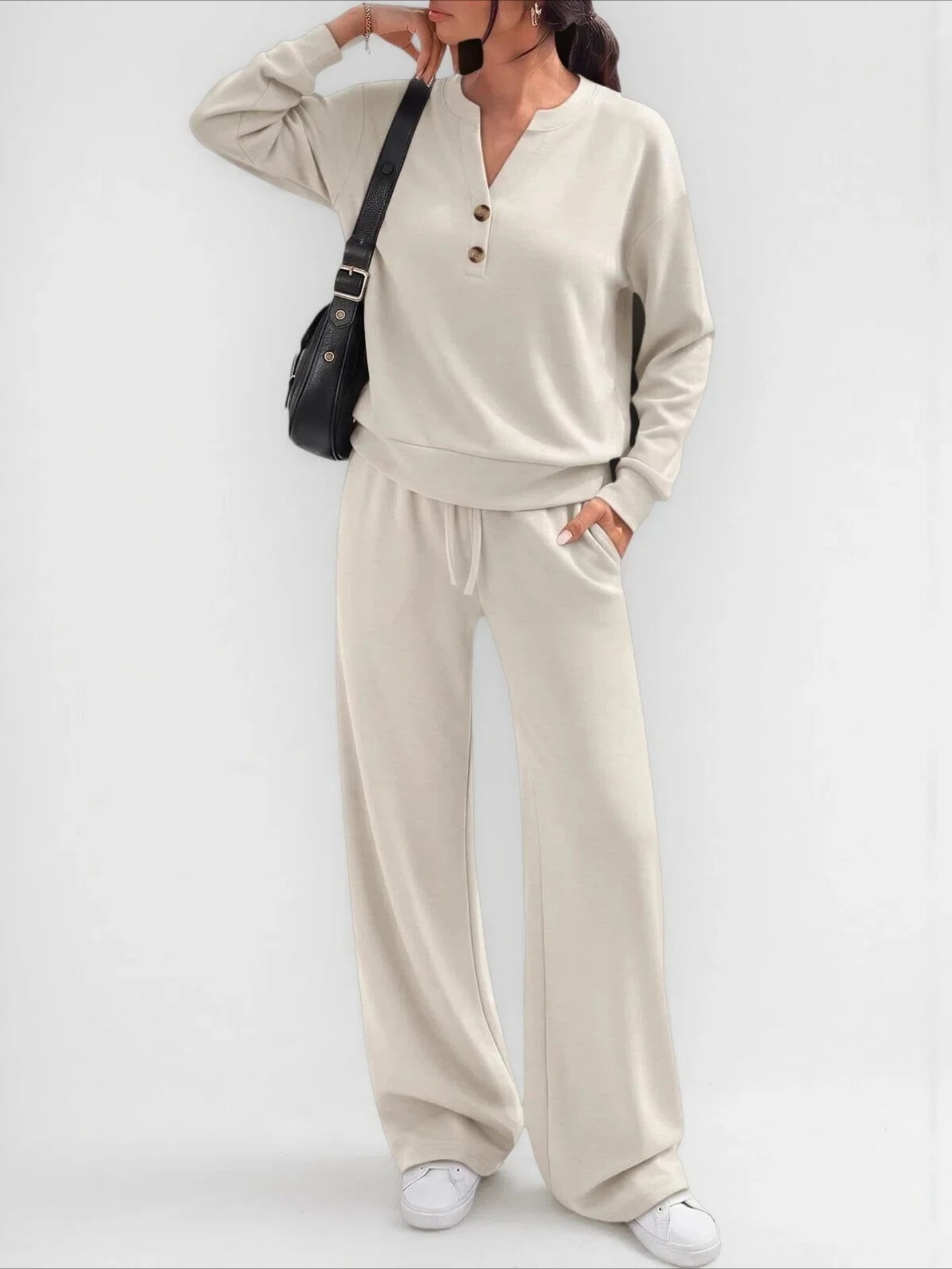 Spring Autumn Leisure Solid Color Set Women'S Simple Style Fashion Top with Wide Leg Pants Two Piece Suit Ladies Office Outfit